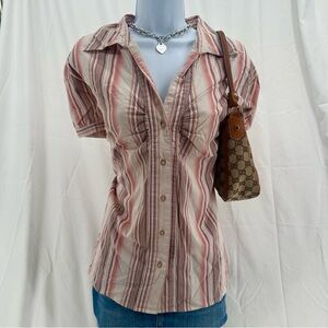 Y2K VintagePlus Size Office Siren Striped Button Up Blouse with Feminine Sleeves
